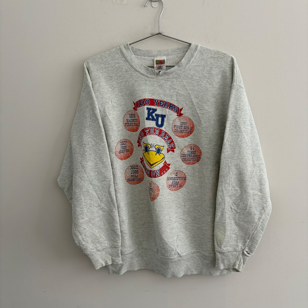 Vintage Fruit of the Loom Kansas Jayhawks KU 100 Years Sweatshirt Grey Large